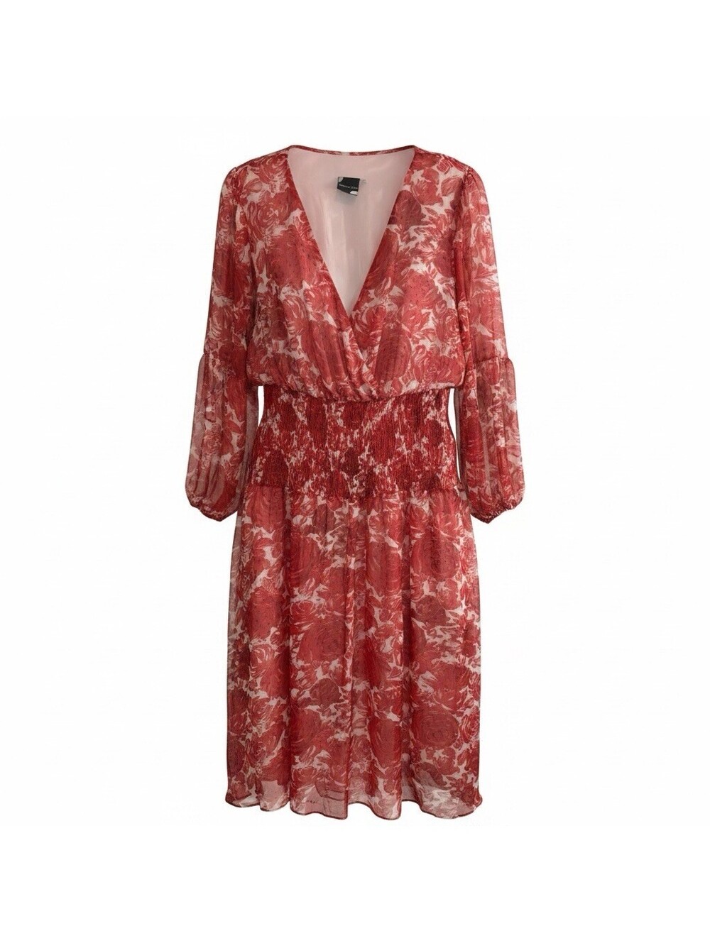 Maison Tara 16W Red Pink Floral Long Slv Chiffon Midi Dress Elastic Cottagecore